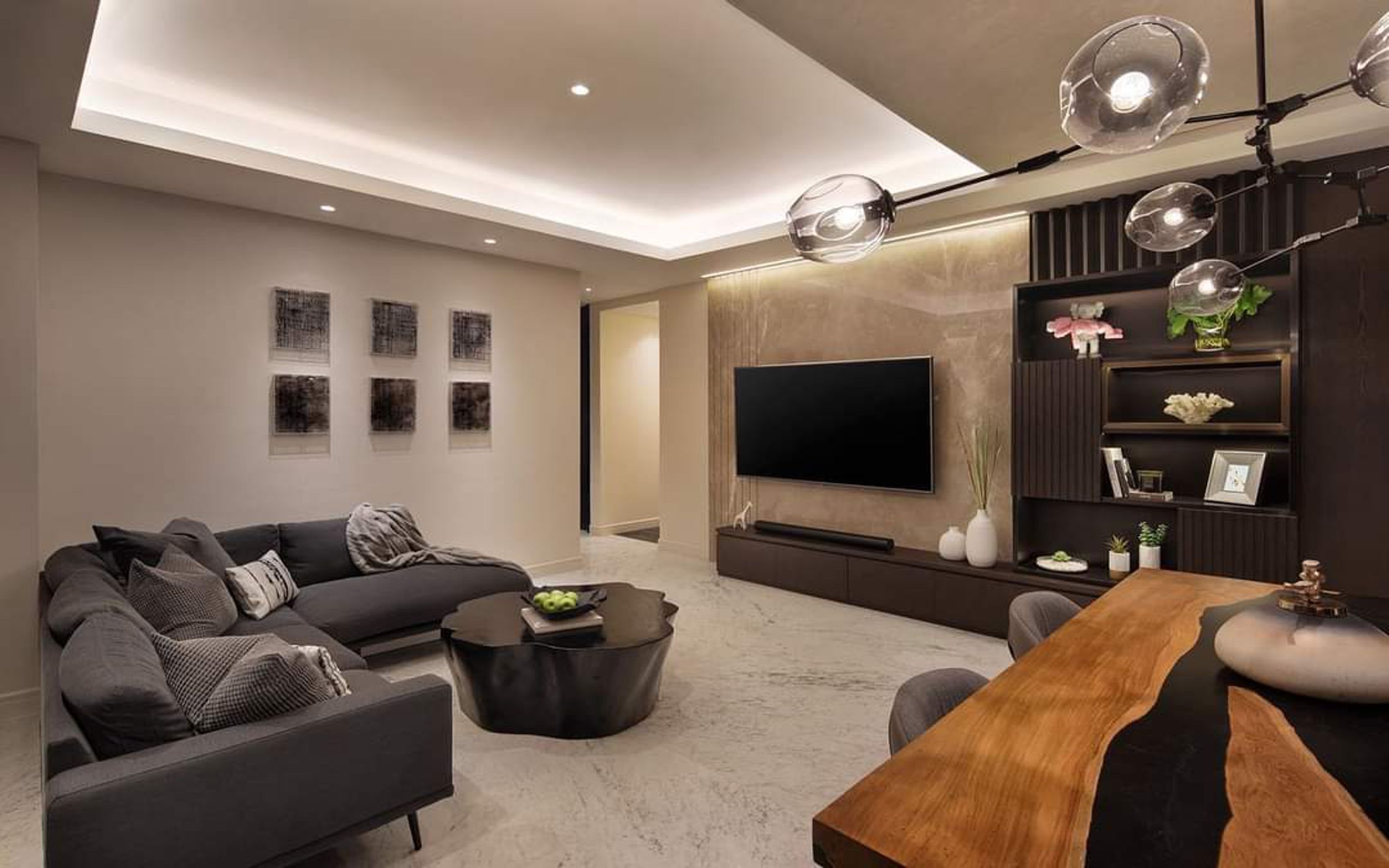 Design Interior Modern Livingroom mewah luxury residence Perumahan Sactuary Bogor sofa custom meja bundar solid surface cabinet hpl wood