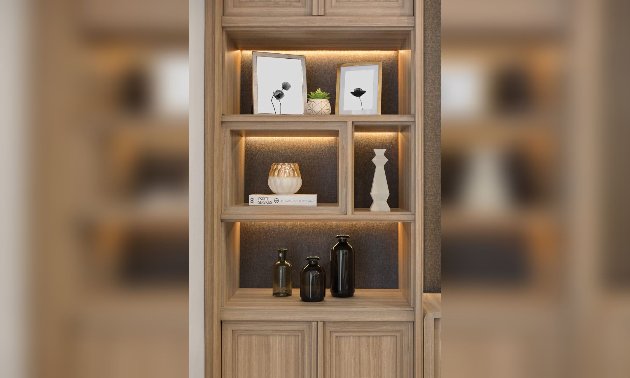 Design Interior Minimalis Modern Rak Kabinet di Jakarta, Material HPL wood (kayu), lighting warm fungsional dan ornamental