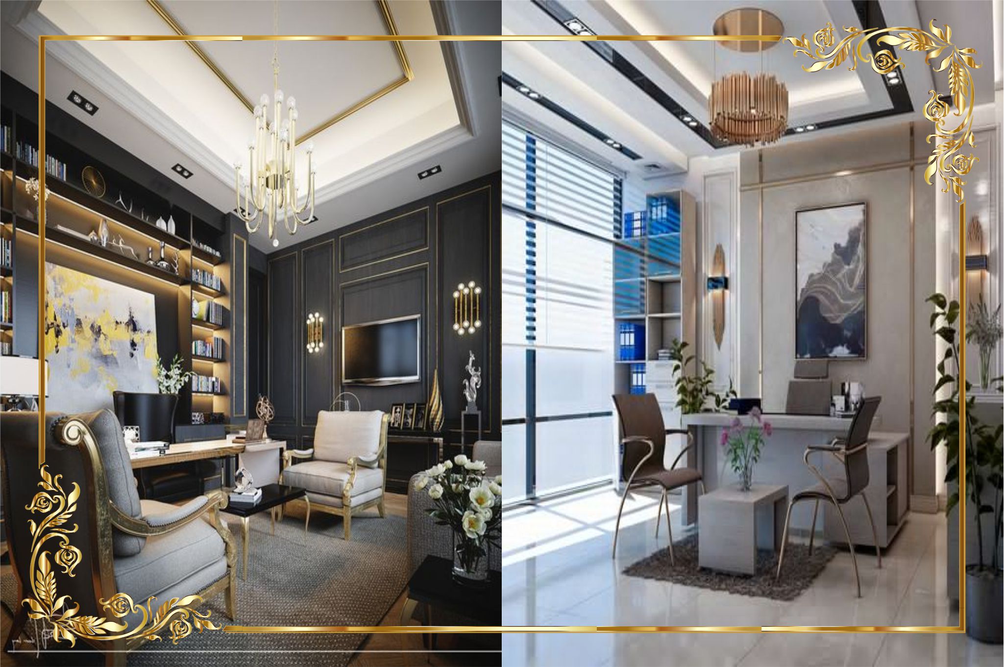 design interior modern classic warna hitam elegan mewah putih bersih luas dan gold mewah