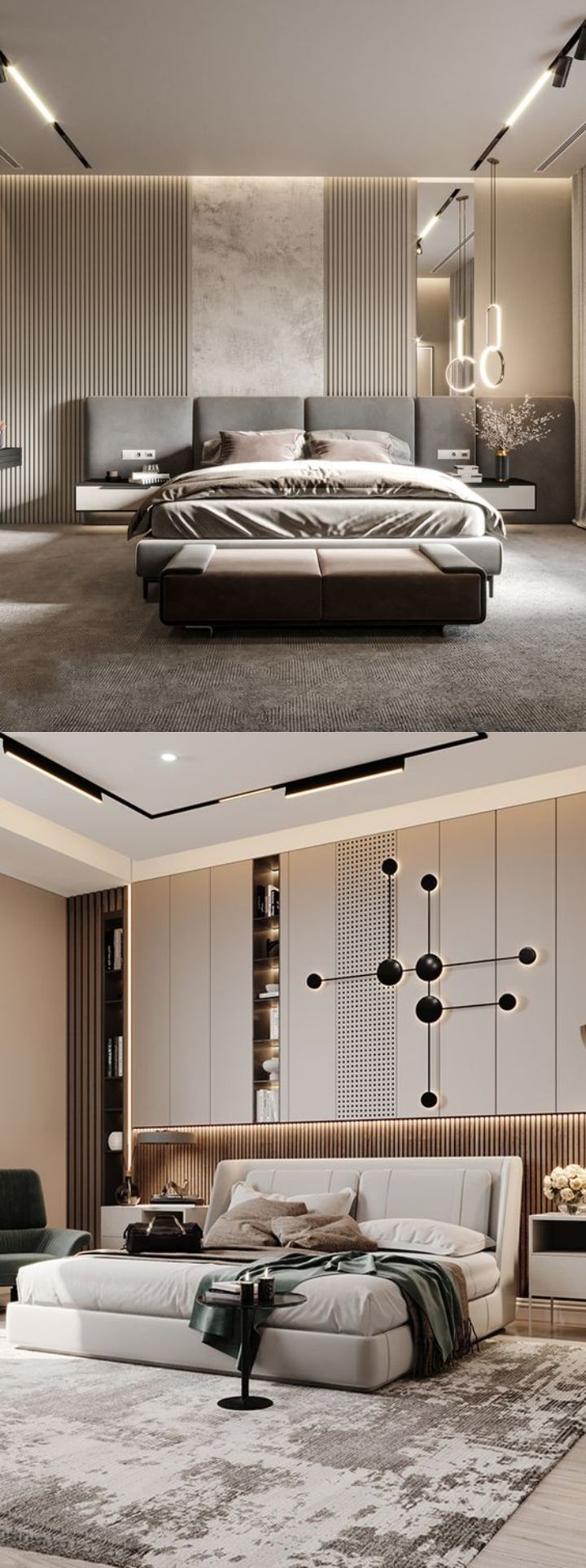 kamar ( bedroom ) minimalis modern warna putih abu-abu hitam, wallpanel lighting warm 