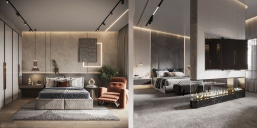 design interior kamar ( bedroom ) minimalis modern warna putih abu-abu coklat wallpanel putih lighting warm 