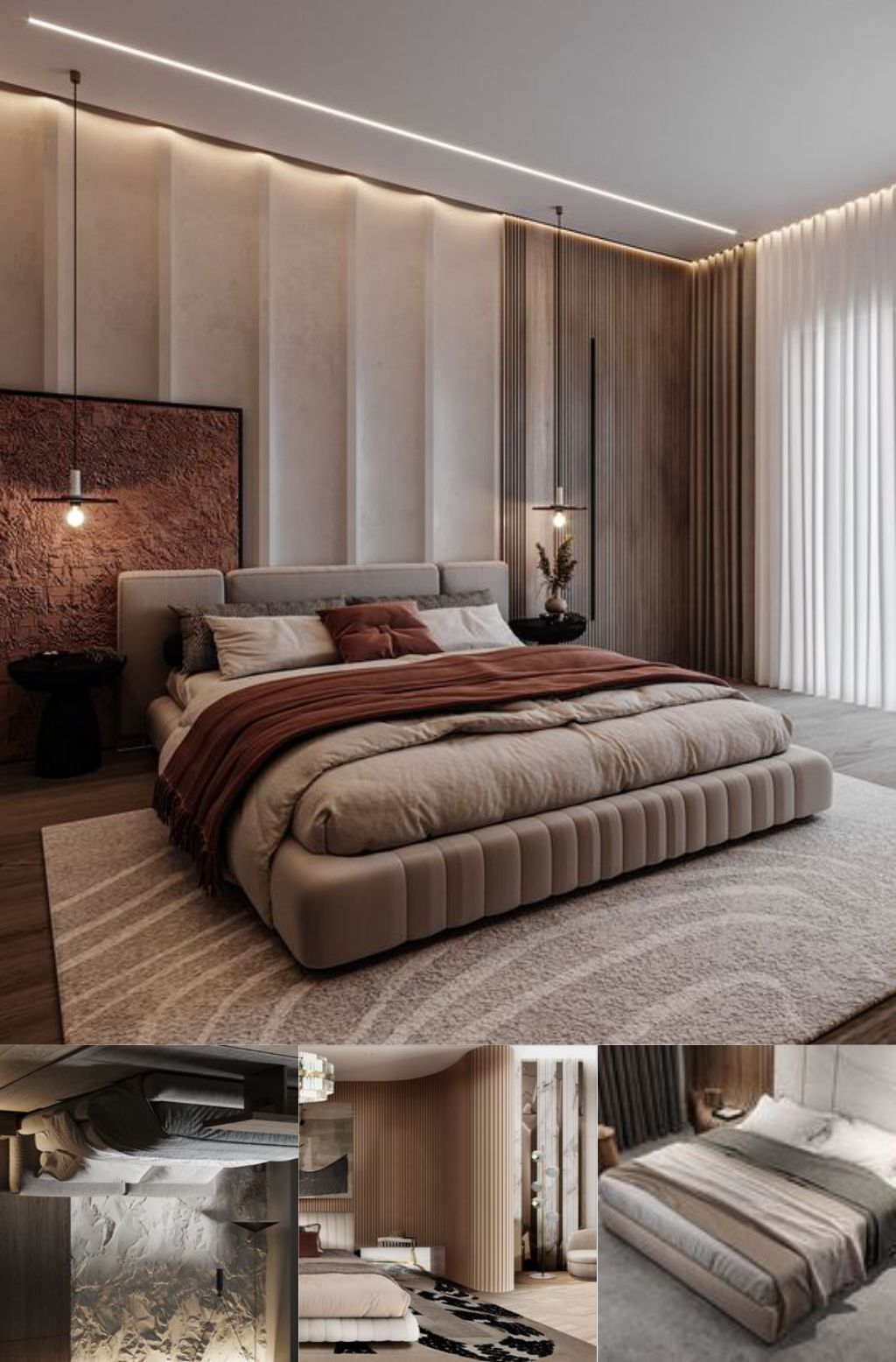 Design Interior Bedroom ( desain ruangan kamar ) minimalis modern warna hpl kayu hitam putih krem flooring karpet lighting warm 