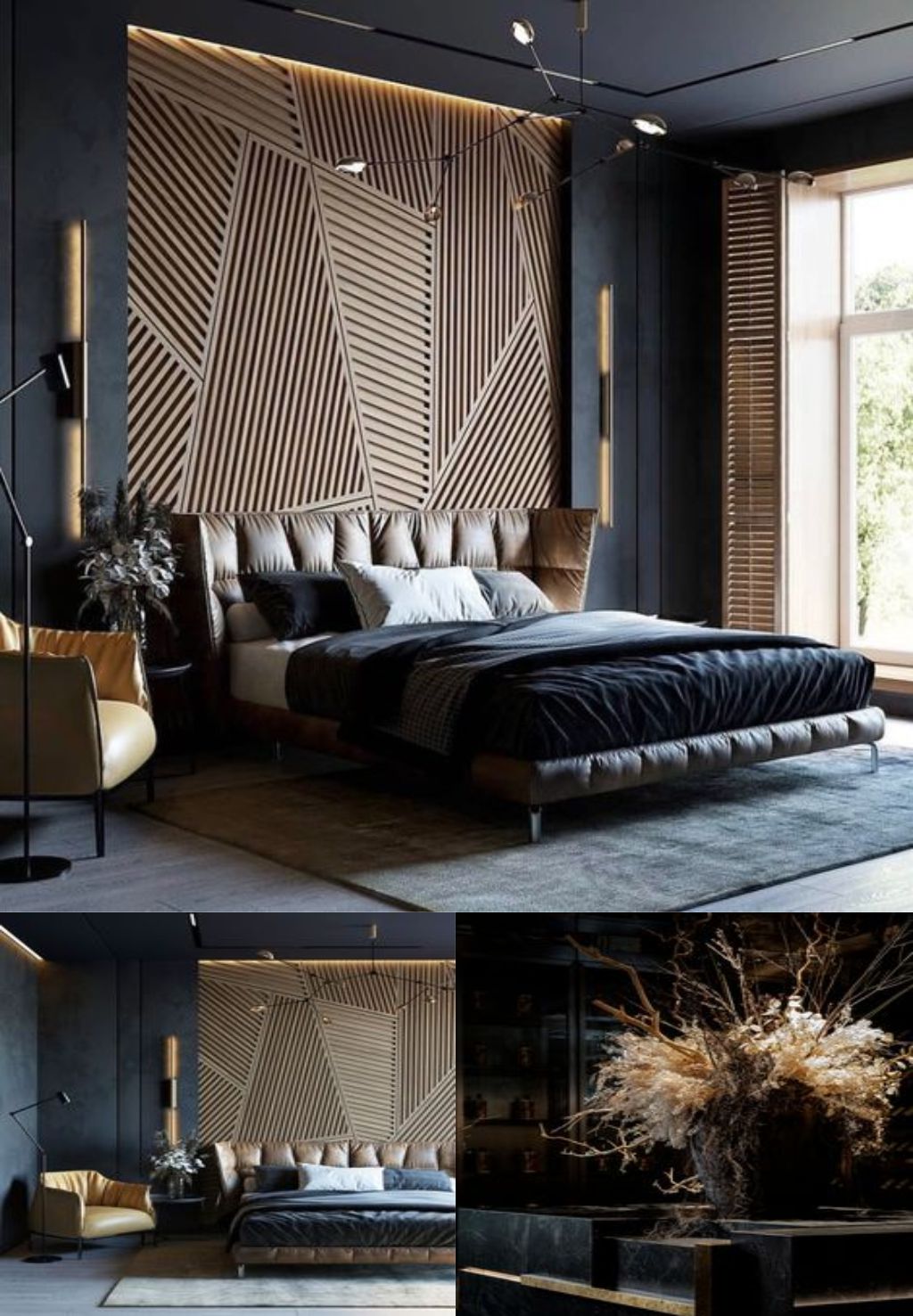 Design interior bedroom ( desain ruang kamar ) minimalis modern warna hitam tekstur kayu finishing duco glossy material HPl 