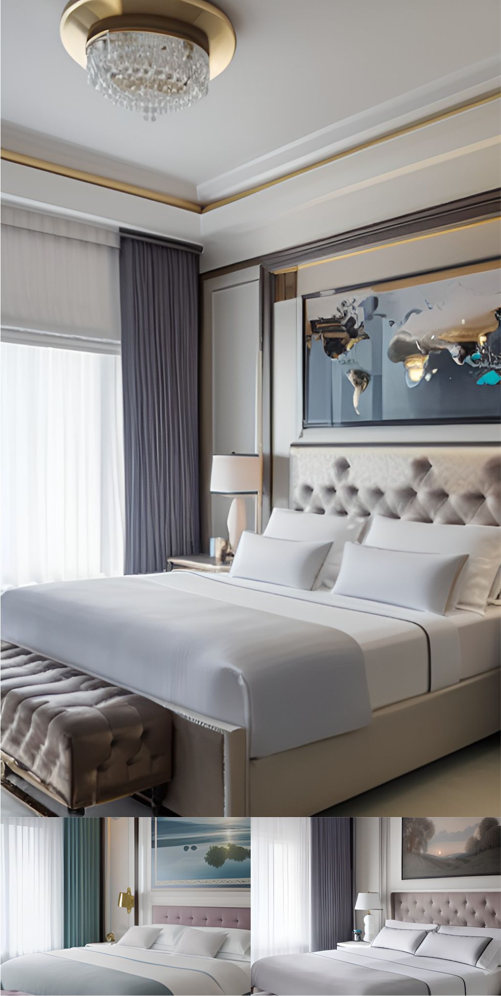 design interior bedroom classic ( desain ruangan kamar tidur klasik ) warna putih aksen emas dengan lukisan dan lampu hias, kasur putih 