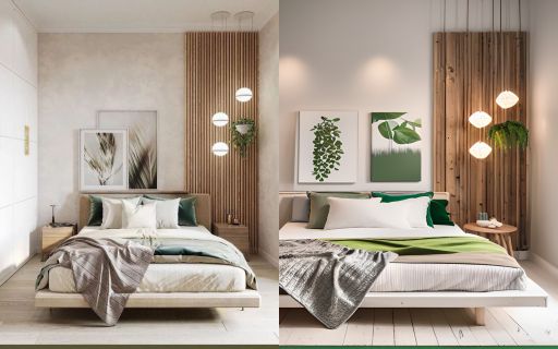 design interior bedroom ( desain ruangan kamar tidur ) minimalis modern, wallpanel kayu hpl, dinding putih, kasur putih, dilengkapi tanaman hijau dan lampu bola
