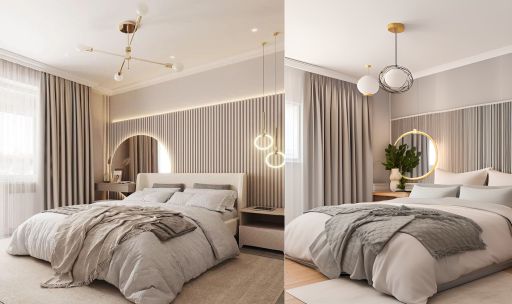 design interior bedroom minimalis modern ( desain ruang kamar tidur minimalis modern ) tirai transparan, tirai abu-abu, kasur putih, cermin bulat, meja rias di pojok, wallpanel