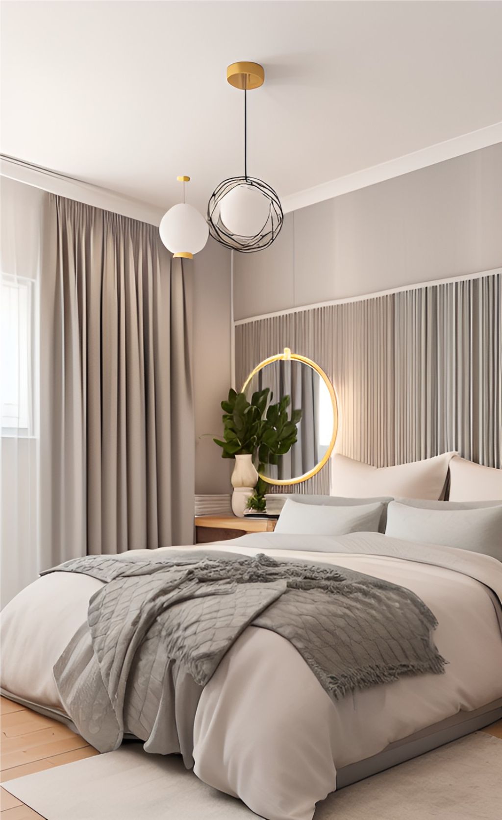 design interior bedroom minimalis modern ( desain ruang kamar tidur minimalis modern ) tirai transparan, tirai abu-abu, kasur putih, cermin bulat, meja rias di pojok, wallpanel