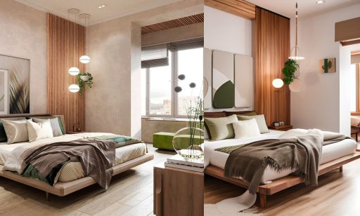 design interior bedroom minimalis ( desain ruangan kamar tidur minimalis ) dinding putih, wallpanel kayu hpl, lukisan , kasur putih, tanaman hijau bunga, lampu hias digantung