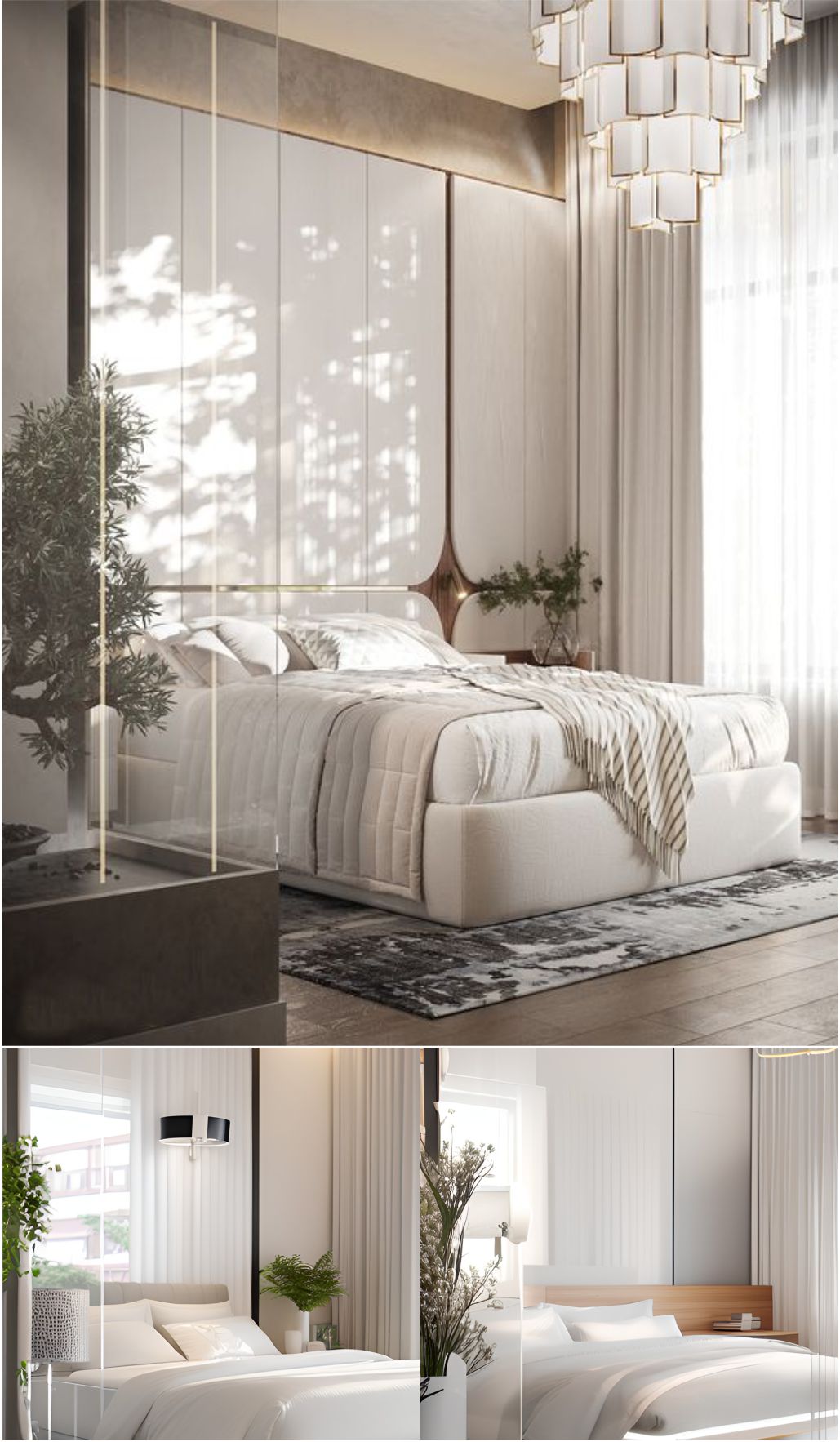 design interior bedroom modern minimalis ( desain ruang kamar tidur minimalis modern ) bedroom dominated by white color, a foliage on each corner, sleek glossy reflective white wallpanel, 4 white pillows, a white bed cover, a light grey bed cover, a white mattress, a white bed, wooden floor, transparent curtain