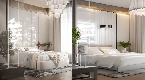 design interior bedroom modern minimalis ( desain ruang kamar tidur minimalis modern ) bedroom dominated by white color, a foliage on each corner, sleek glossy reflective white wallpanel, 4 white pillows, a white bed cover, a light grey bed cover, a white mattress, a white bed, wooden floor, transparent curtain