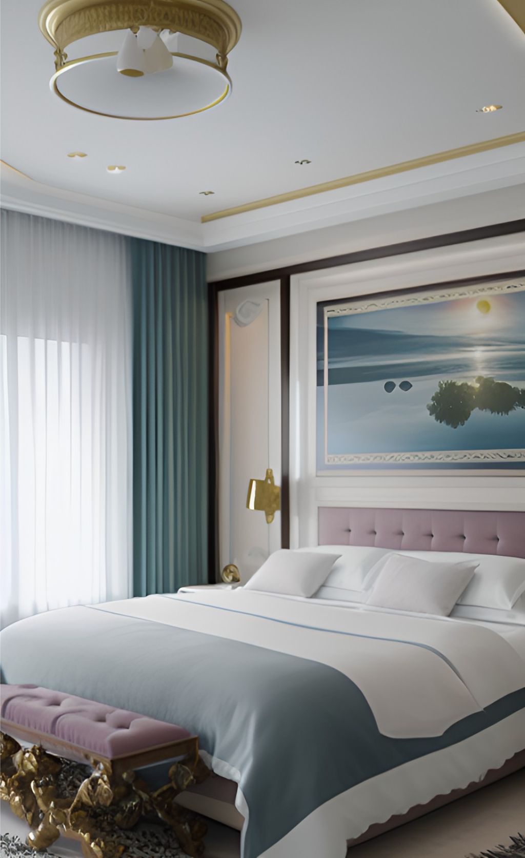 design interior bedroom classic ( desain ruangan kamar tidur klasik ) warna putih aksen emas dengan lukisan dan lampu hias, kasur putih 