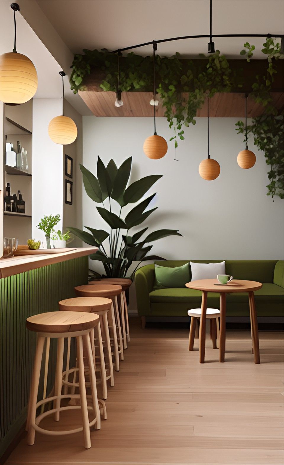 design interior cafe ( ruangan kafe ) cafe with round wooden stools, 2 round wooden table, a minibar, 4 decorative hanging lamps, a foliage on the corner, a green sofa, green vines hanging on the wall swaying to the ground