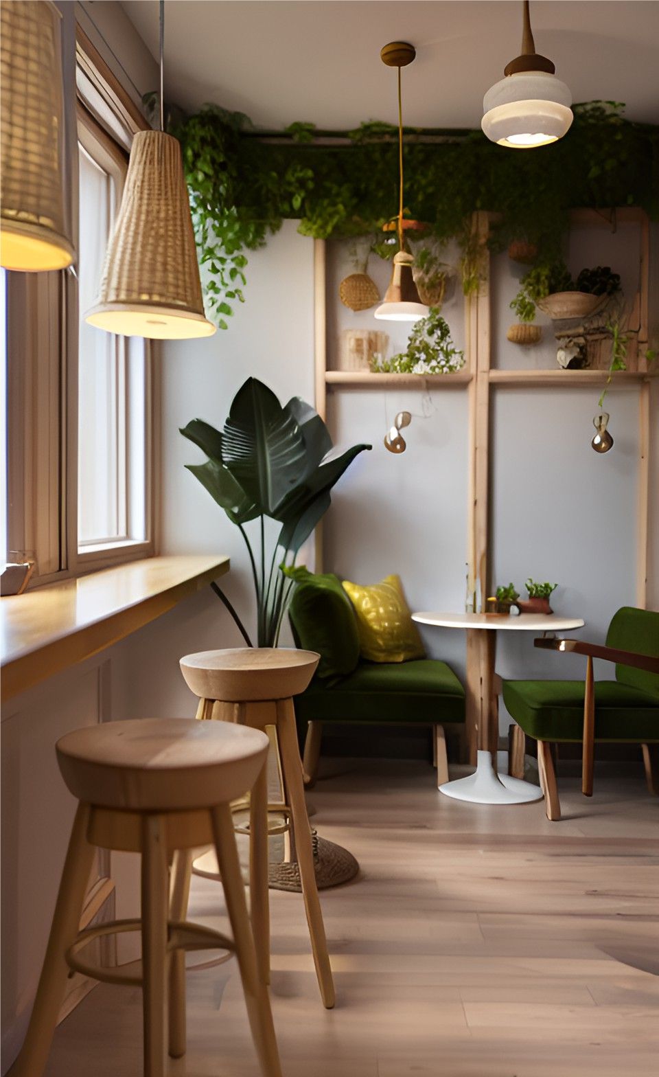 design interior cafe ( ruangan kafe ) cafe with round wooden stools, 2 round wooden table, a minibar, 4 decorative hanging lamps, a foliage on the corner, a green sofa, green vines hanging on the wall swaying to the ground