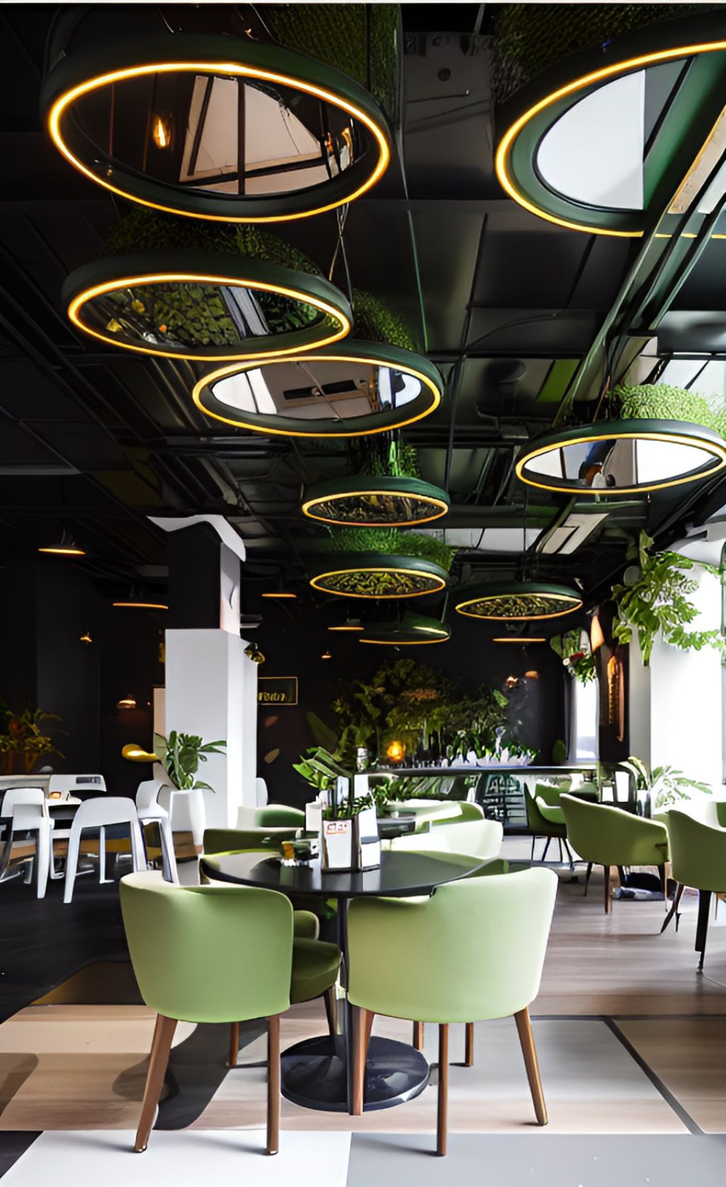 design interior cafe ( desain ruangan kafe ) unik dengan tumbuhan hijau, lampu bulat dan cermin di atap , cafe with 3 white pillars,hanging circular mirrors toward the ground with golden lamps in the border of the mirrors, green vines hanging from black ceiling to the body lamps, green vines hanging on the wall, green foam upholstered classic chairs, beige foam upholstered foam classic chair, wooden tables