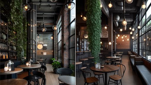 design interior cafe industrial ( desain ruangan kafe industrial ) lampu bulat bergelantungan, tumbuhan hijau merambat di dinding meja bulat, kursi dan sofa 