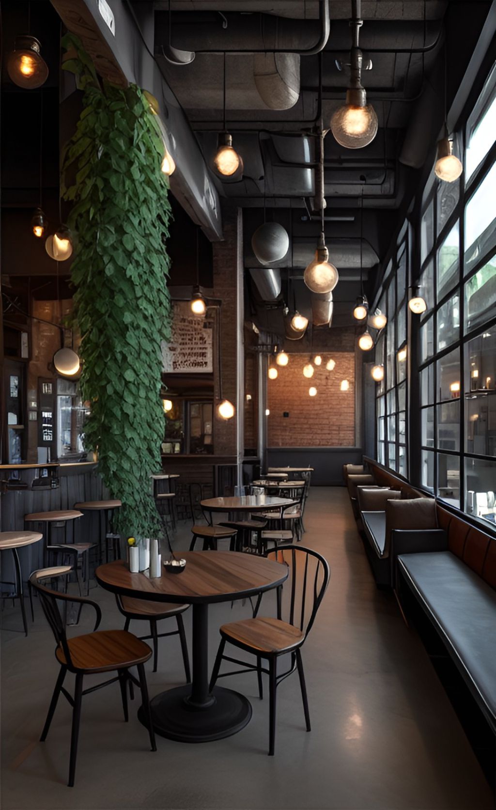 design interior cafe industrial ( desain ruangan kafe industrial ) lampu bulat bergelantungan, tumbuhan hijau merambat di dinding meja bulat, kursi dan sofa 