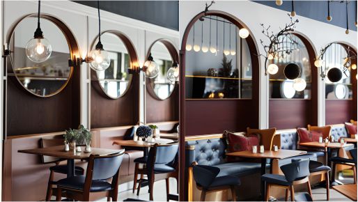 design interior cafe classic ( desain ruangan kafe klasik ) cermin bulat, lampu bulat