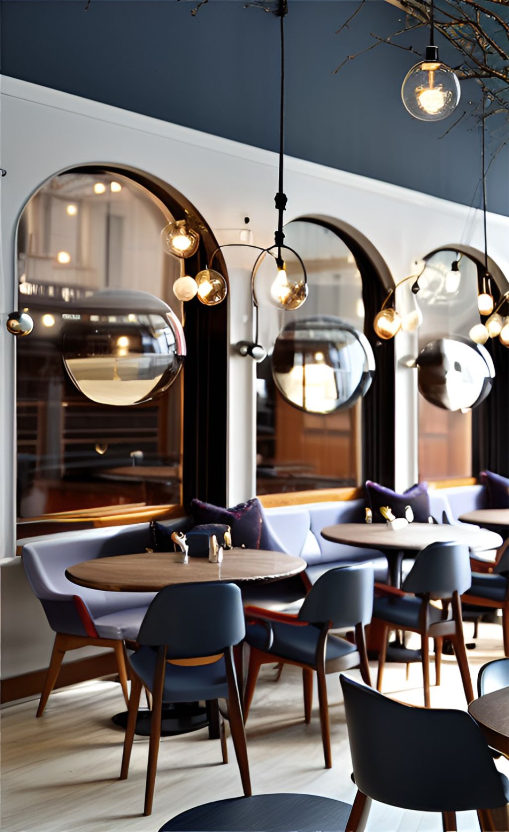 design interior cafe classic ( desain ruangan kafe klasik ) cermin bulat, lampu bulat