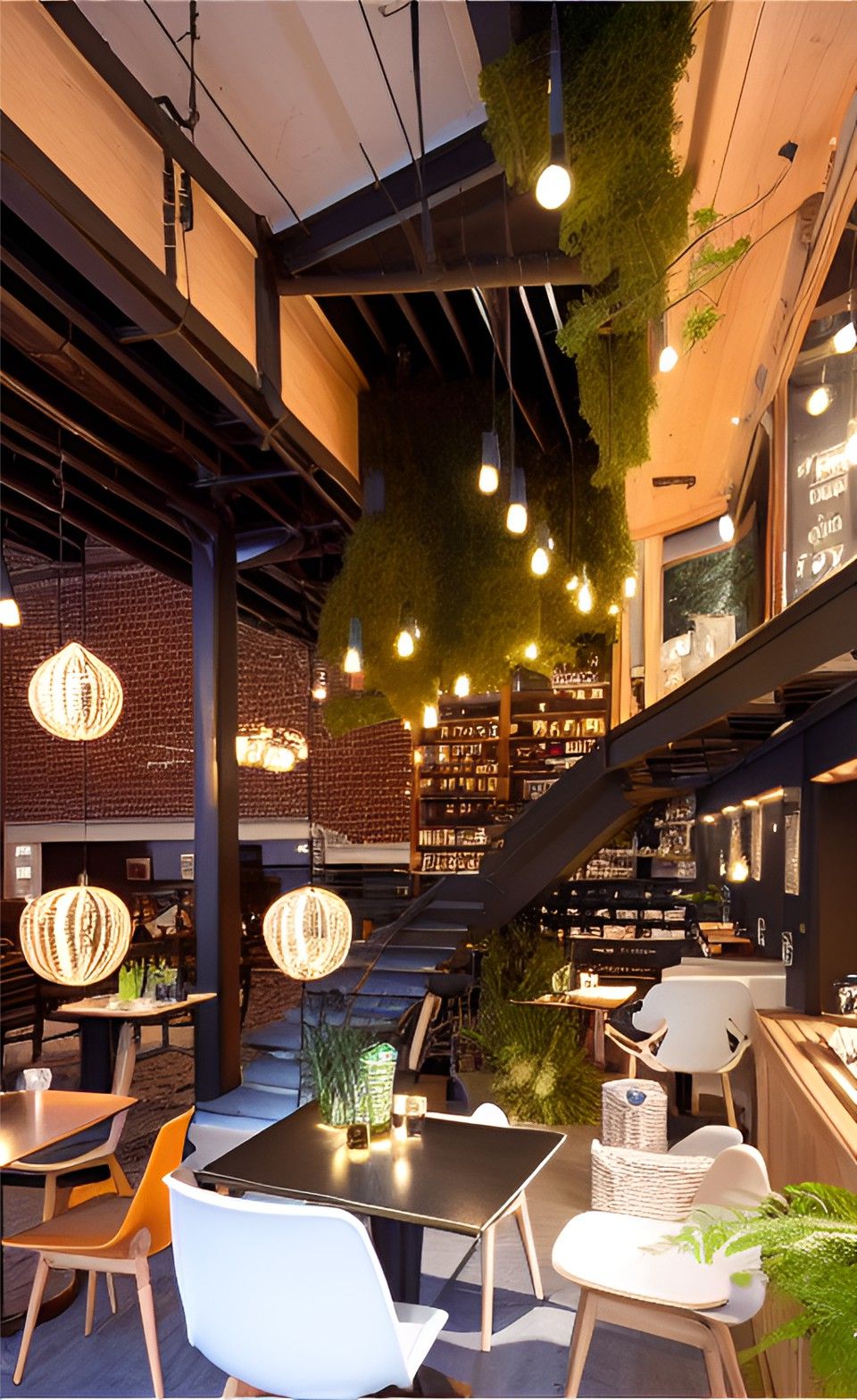 contoh gambar photo desain ruangan kafe ( design interior cafe ) , café with soo many small bulbs, long wood on the ceiing, black sofas, foliages everywhere, wooden tables