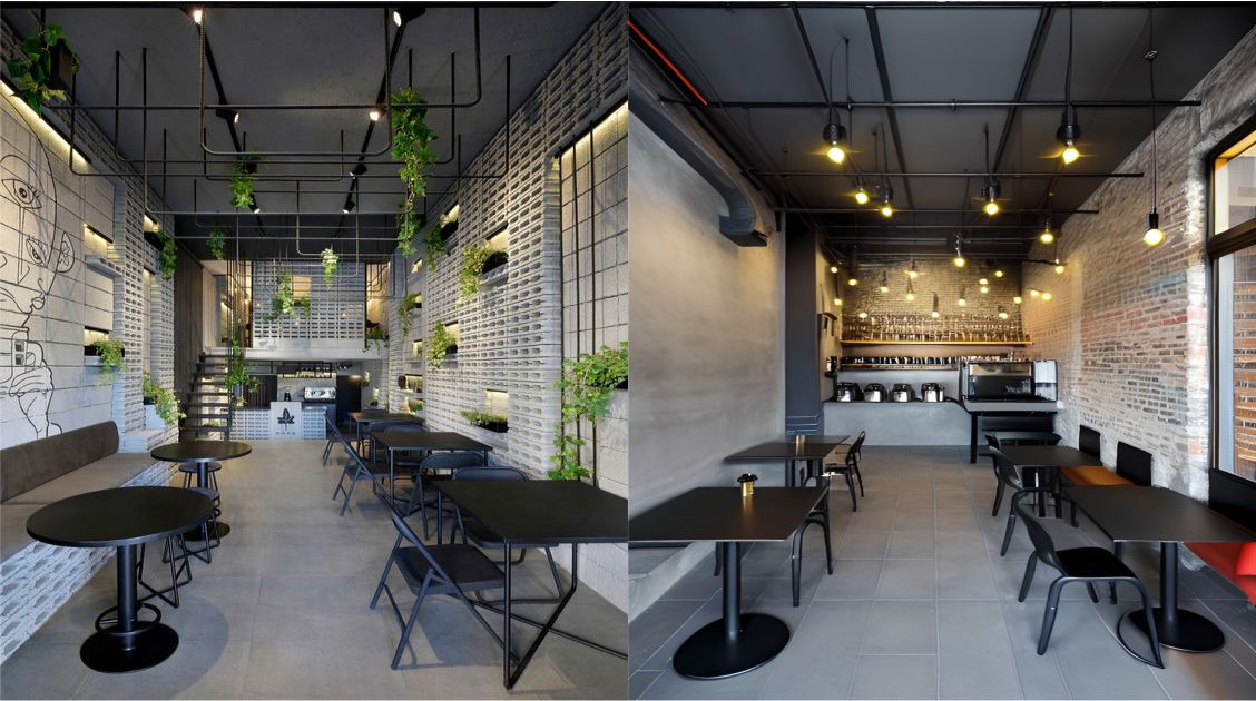 contoh gambar photo desain ruangan kafe ( design interior cafe ) indoor, meja besi bulat dan kotak berwarna hitam, dinding bata dan tembok, lampu gantung industrial