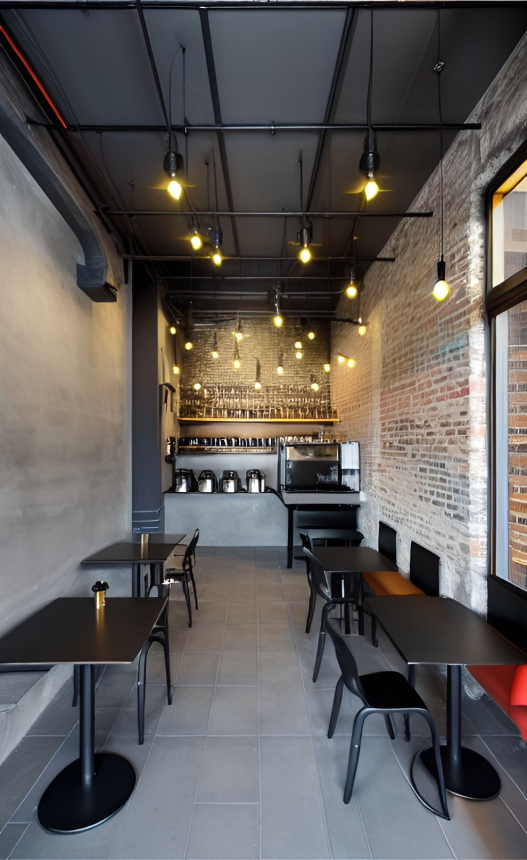 contoh gambar photo desain ruangan kafe ( design interior cafe ) indoor, meja besi bulat dan kotak berwarna hitam, dinding bata dan tembok, lampu gantung indust