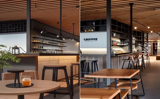 contoh gambar photo desain ruangan kafe ( design interior cafe ) material bambu dan rotana