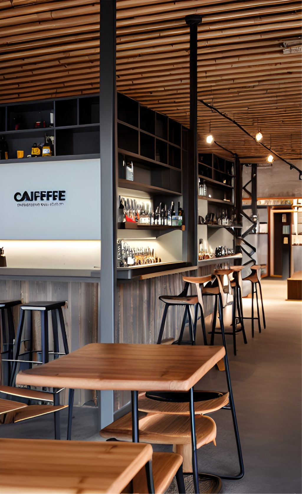 contoh gambar photo desain ruangan kafe ( design interior cafe ) material bambu dan rotana