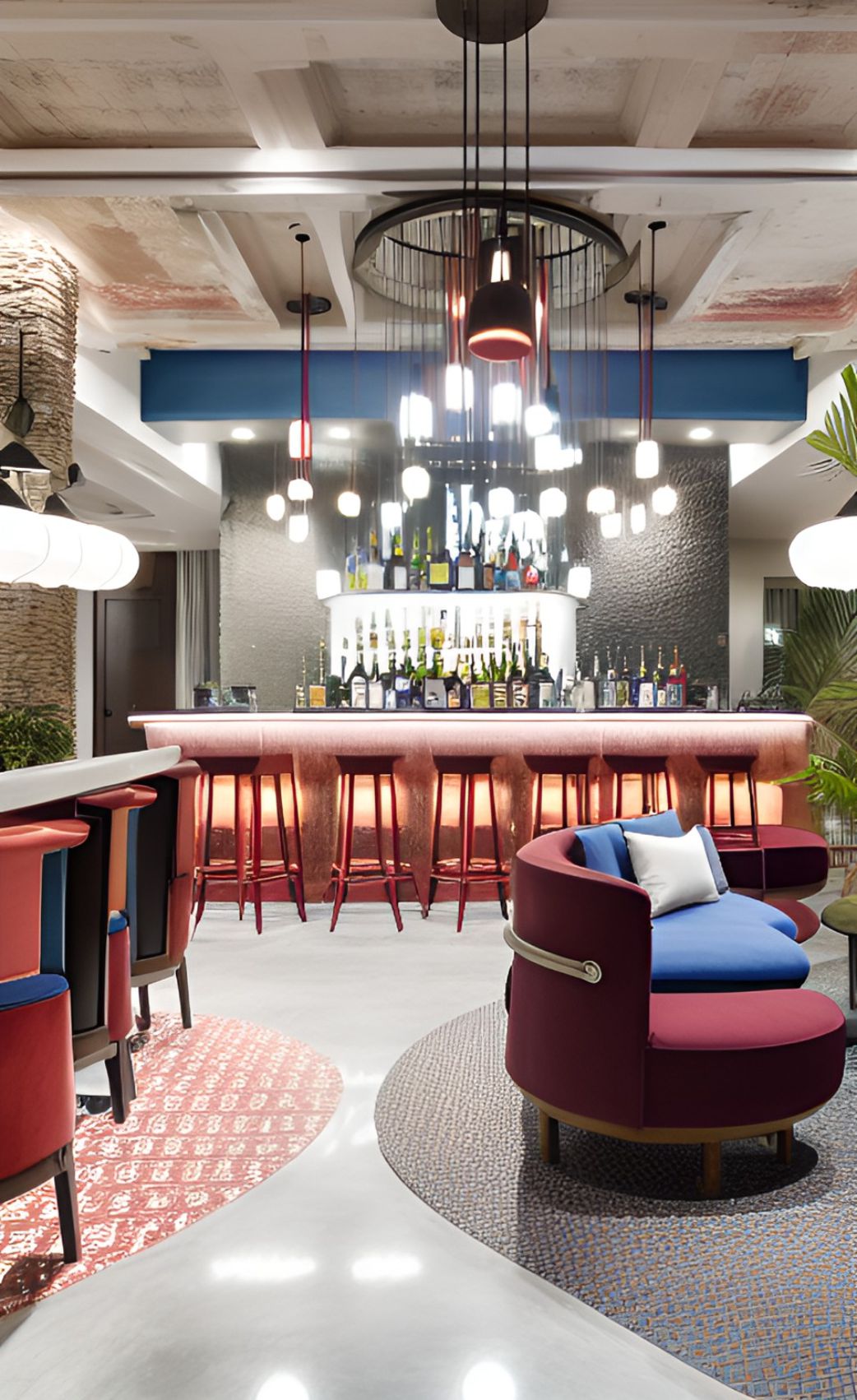 contoh gambar photo desain ruangan restoran kafe ( design interior cafe restaurant ) klasik, restaurant interior with some red and blue unique sofas, classic bar with round stools, unique ceiling textured with concrete, white decorative lamps hanging at ceiling, a big concrete cylindrical pillar, palms grow around the pillar