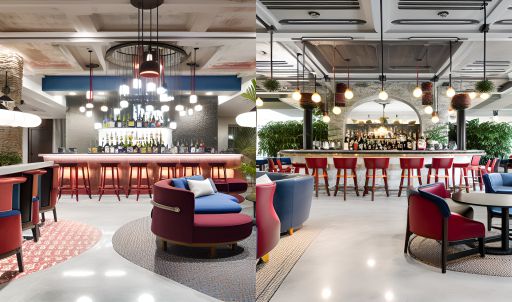 contoh gambar photo desain ruangan restoran kafe ( design interior cafe restaurant ) klasik, restaurant interior with some red and blue unique sofas, classic bar with round stools, unique ceiling textured with concrete, white decorative lamps hanging at ceiling, a big concrete cylindrical pillar, palms grow around the pillar