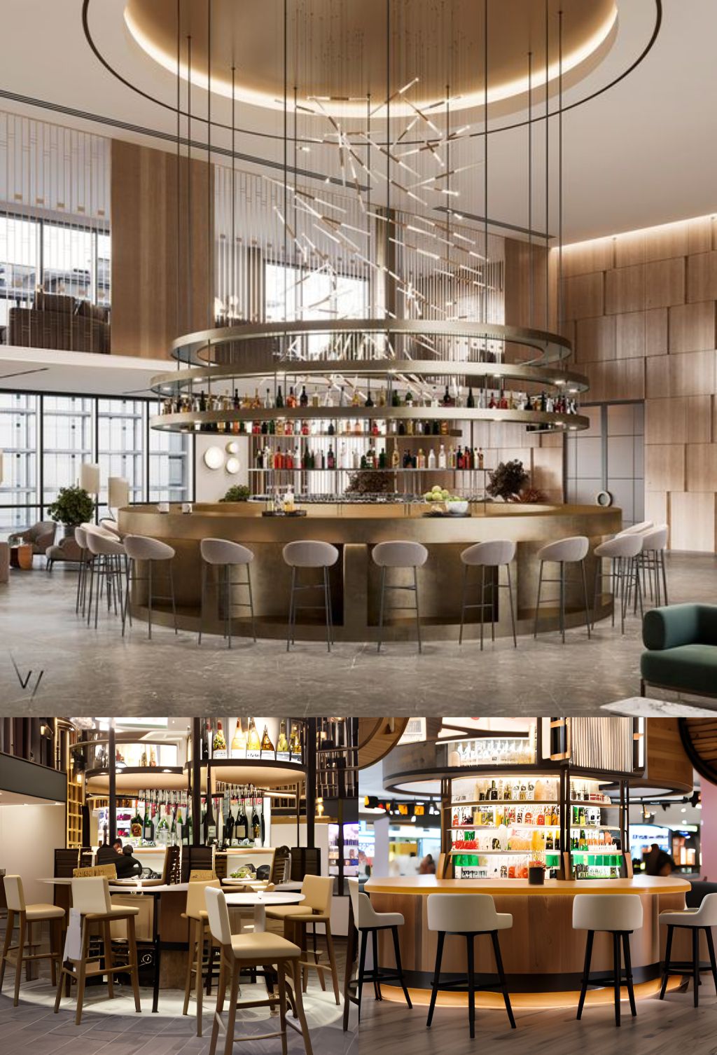 contoh gambar photo desain kafe dalam mall ( design interior cafe inside the mall ) restaurant inside the mall, unique beige stools legged with black steel, round bar made of wood, a shelve full of bottles positioned inside the round bar, 3 wooden circular ring stacked above the round bar hanging on some thin metal connected to ceiling, a circular lamp following the hole in the ceiling