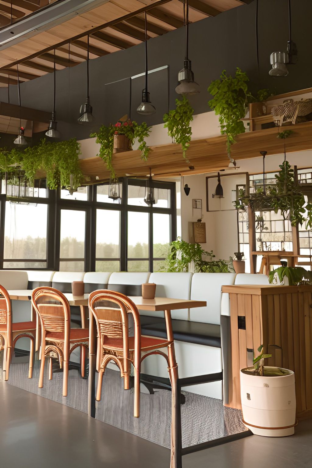 contoh gambar photo desain ruangan kafe ( design interior cafe ) dengan tumbuhan hijau tropis 