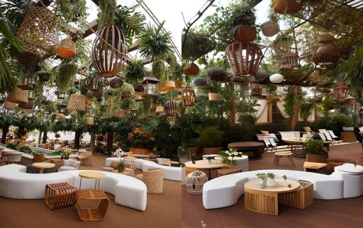 design ruangan kafe luar ruangan ( design interior cafe exterior ) farm house, tumbuhan gantung sofa unik 