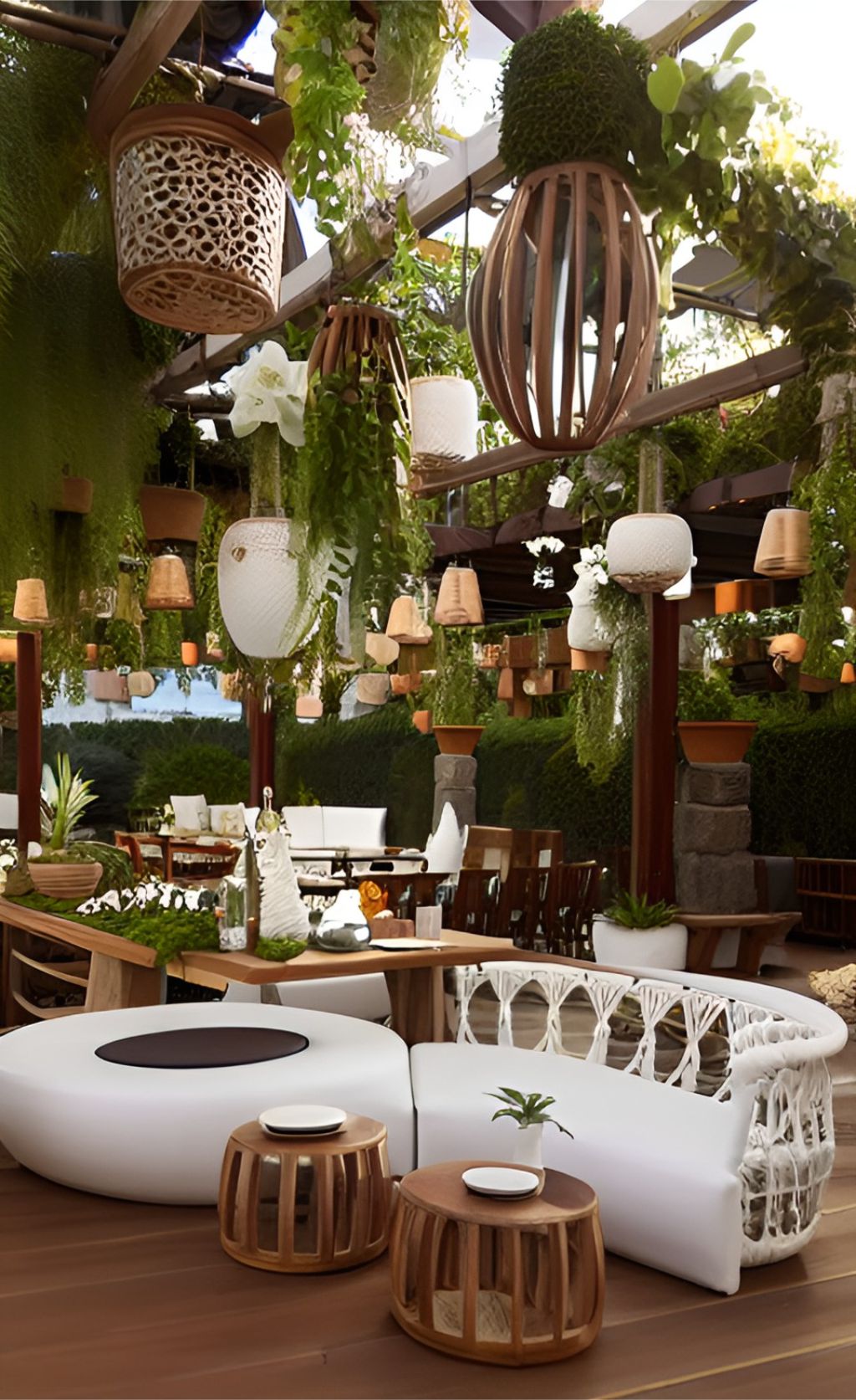 design ruangan kafe luar ruangan ( design interior cafe exterior ) farm house, tumbuhan gantung sofa unik 