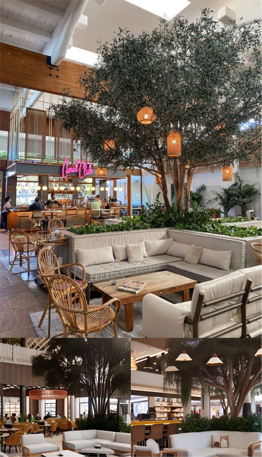 design ruangan kafe farm house dalam mall ( design interior cafe inside mall ) dengan pohon dan rumput tumbuhan hijau