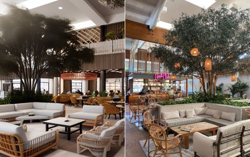 design ruangan kafe farm house dalam mall ( design interior cafe inside mall ) dengan pohon dan rumput tumbuhan hijau
