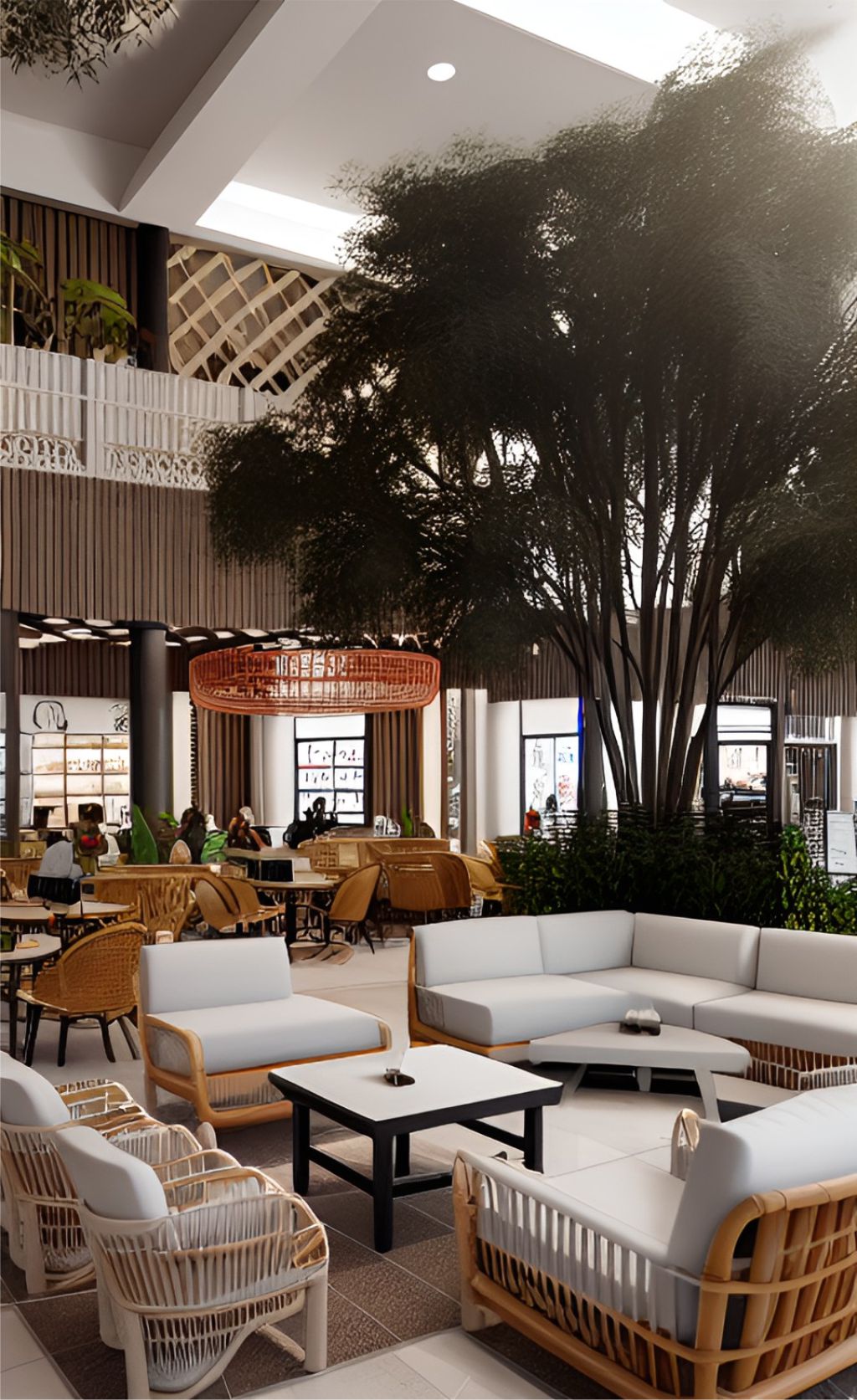 design ruangan kafe farm house dalam mall ( design interior cafe inside mall ) dengan pohon dan rumput tumbuhan hijau