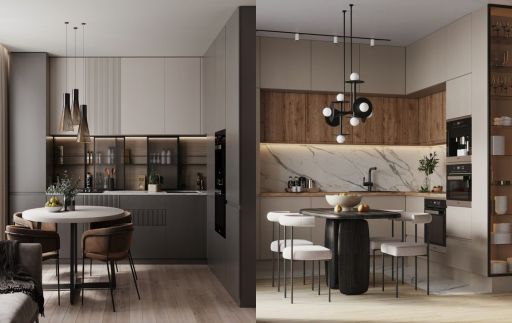 design interior kitchen ( dapur ) minimalis bahan hpl finishing duco warna tekstur kayu, putih, hitam