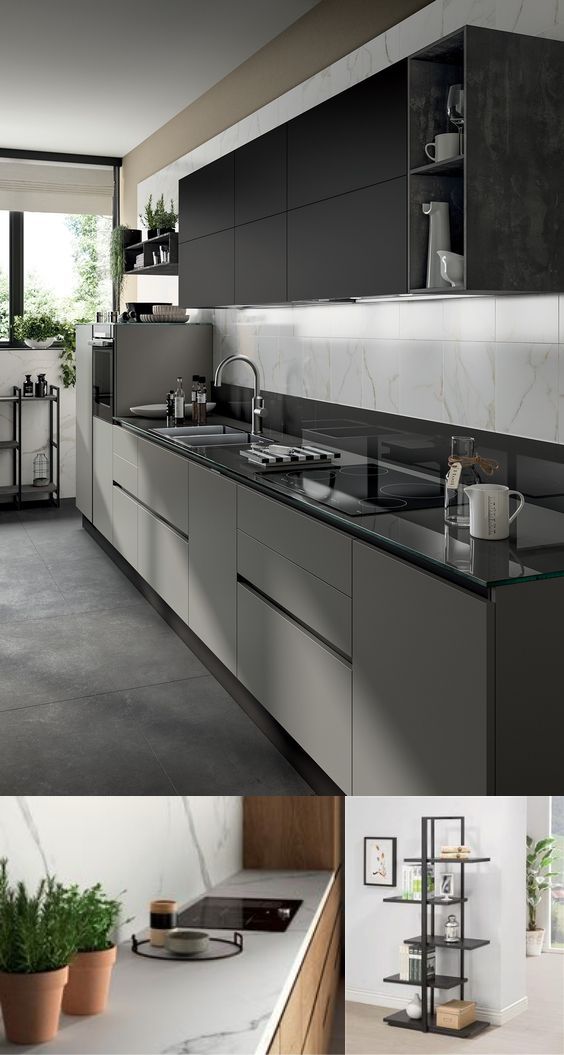 design interior kitchen ( dapur ) minimalis warna putih hitam abu-abu krem solid surface granit hpl kayu finishing duco lighting warm