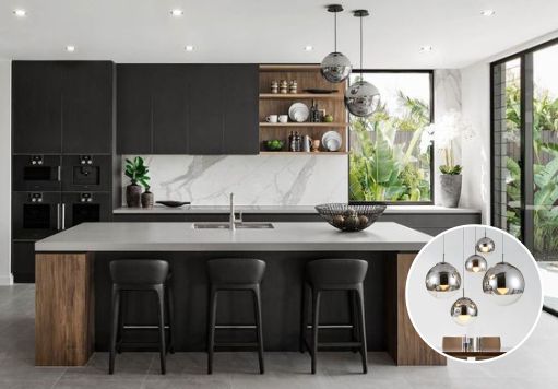 design interior kitchen ( dapur ) minimalis warna putih hitam hpl kayu finishing duco solid surface granit lighting warm