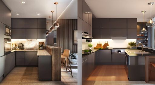 design interior kitchen modern minimalist ( desain ruangan dapur minimalis modern ) design interior kitchen ( dapur ) minimalis warna putih hitam hpl kayu finishing duco solid surface granit lighting warm