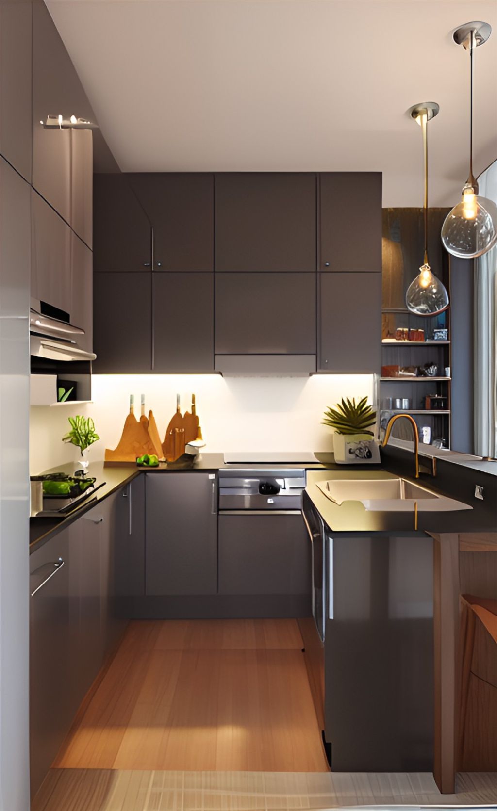 design interior kitchen modern minimalist ( desain ruangan dapur minimalis modern ) design interior kitchen ( dapur ) minimalis warna putih hitam hpl kayu finishing duco solid surface granit lighting warm