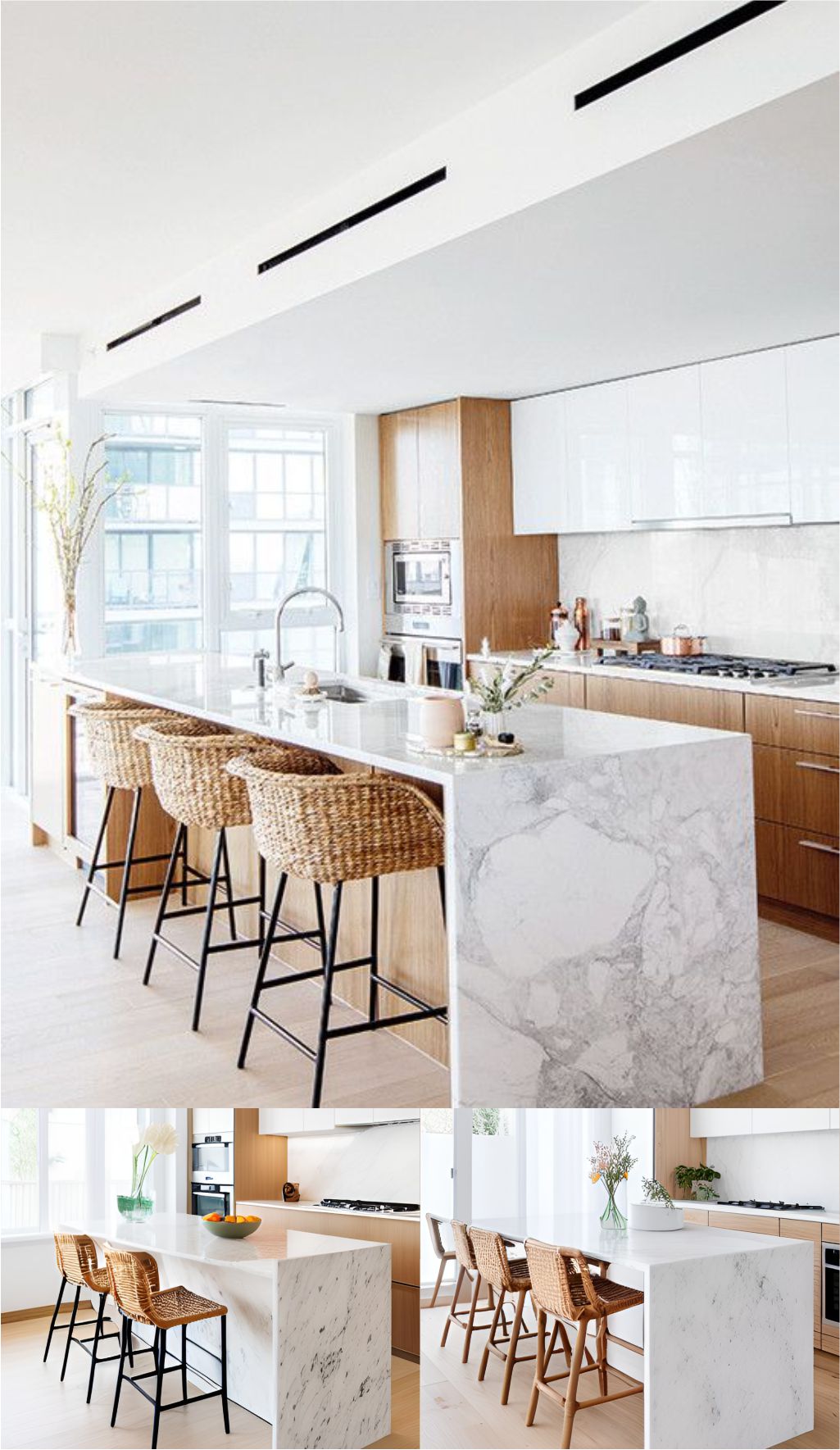 contoh gambar photo desain dapur minimalis ( design interior kitchen minimalist ) table solid surface batu granit, kursi rotan, kitchen set terbuat dari hpl kayu dan melamin