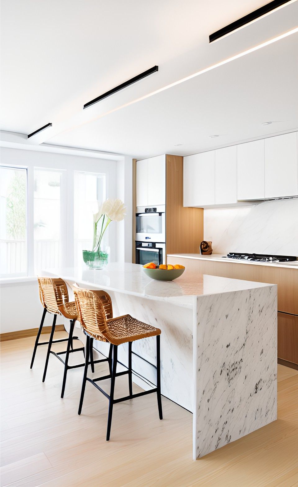 contoh gambar photo desain dapur minimalis ( design interior kitchen minimalist ) table solid surface batu granit, kursi rotan, kitchen set terbuat dari hpl kayu dan melamin
