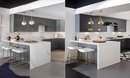 contoh gambar photo desain dapur minimalis ( design interior kitchen minimalist ) white island table, material solid surface granit, black kitchen set