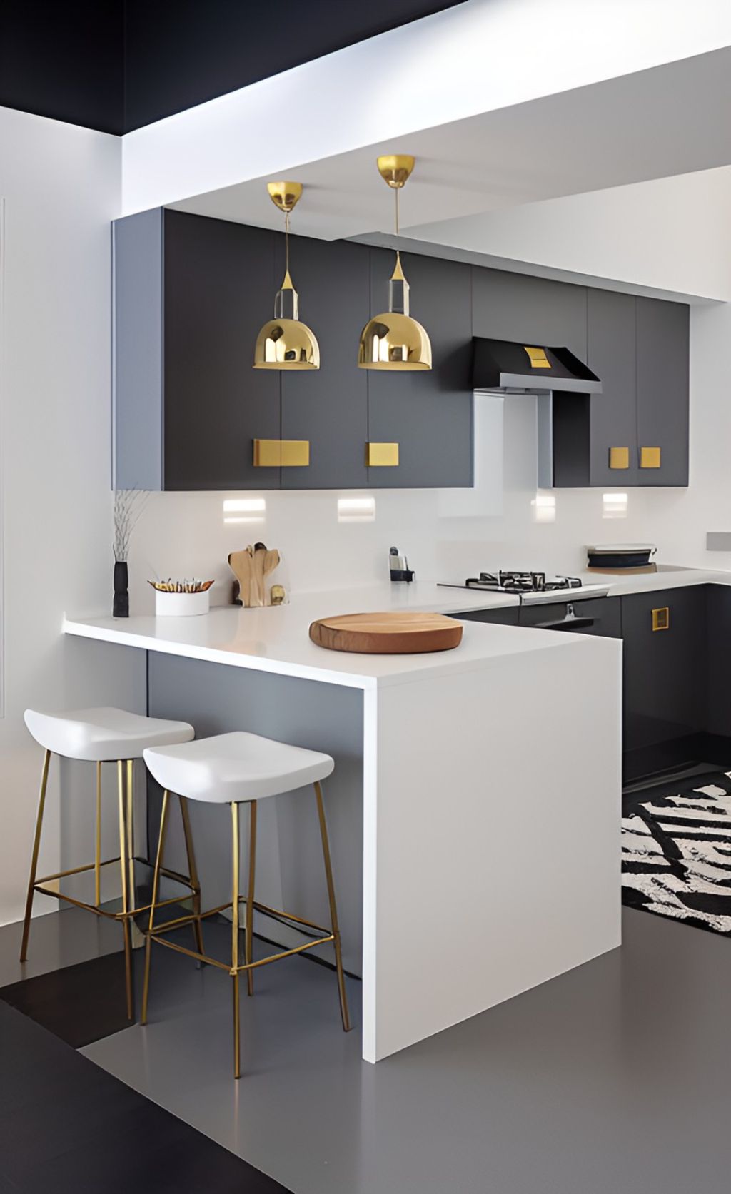 contoh gambar photo desain dapur minimalis ( design interior kitchen minimalist ) white island table, material solid surface granit, black kitchen set