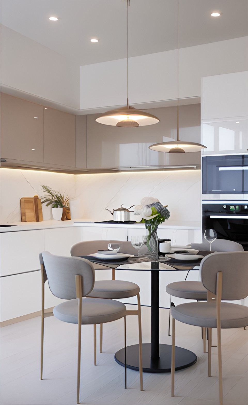 desain ruangan dapur minimalis warna putih  kursi busa meja kaca bundar material HPL finishing duco ( design interior kitchen minimalist )