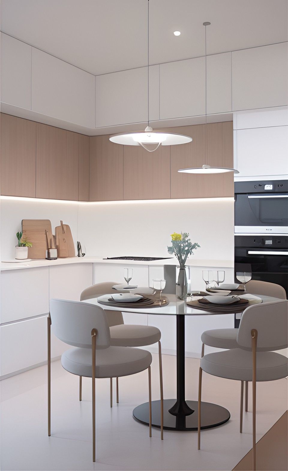 desain ruangan dapur minimalis warna putih  kursi busa meja kaca bundar material HPL finishing duco ( design interior kitchen minimalist )