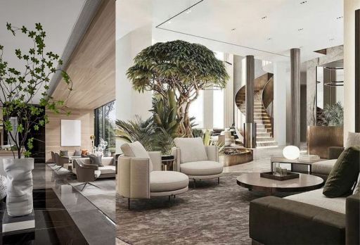 Ruang Tamu ( Livingroom ) minimalis modern dengan sentuhan tumbuhan hijau tropis 