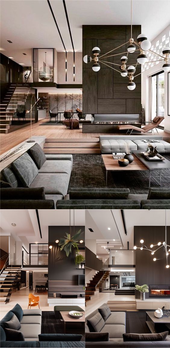 design interior livingroom ( desain ruang tamu ) minimalis modern warnah hitam putih krem material bahan HPL tekstur kayu finishing duco flooring LVT lampu hias