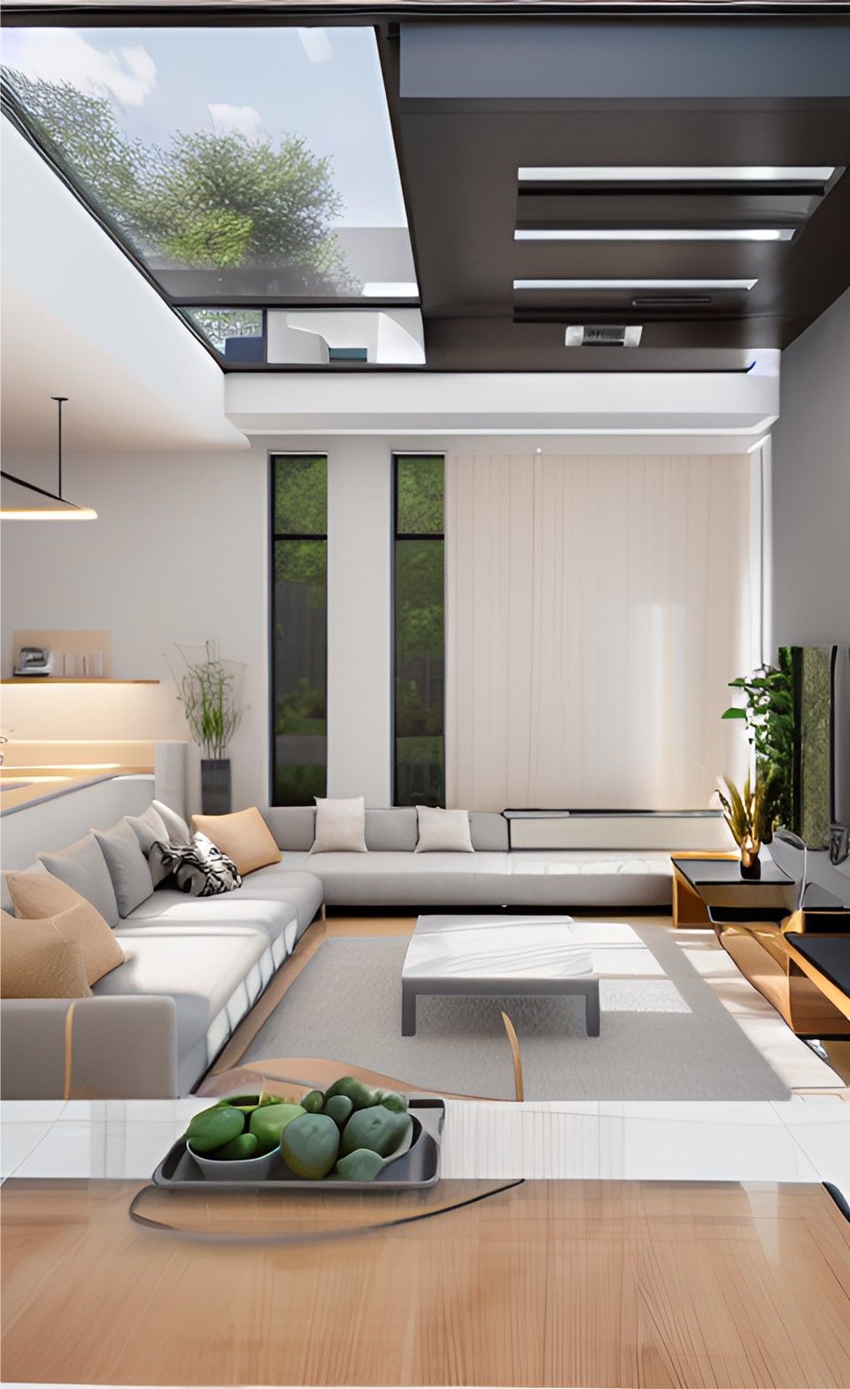 desain interior ruang tamu ( design interior livingroom ) dinding putih, lantai LVT kayu, atap kaca